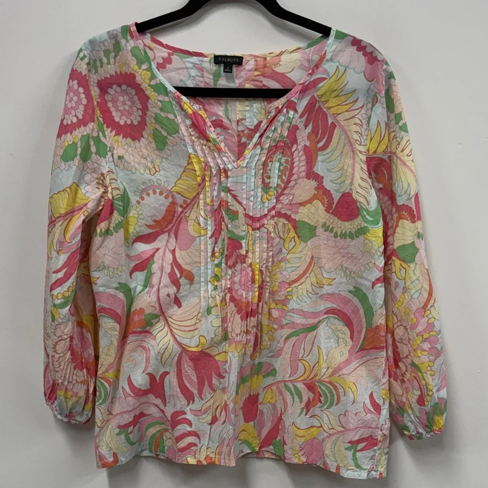 Talbots Multicolor pintuck Floral Blouse S - Picture 2 of 7